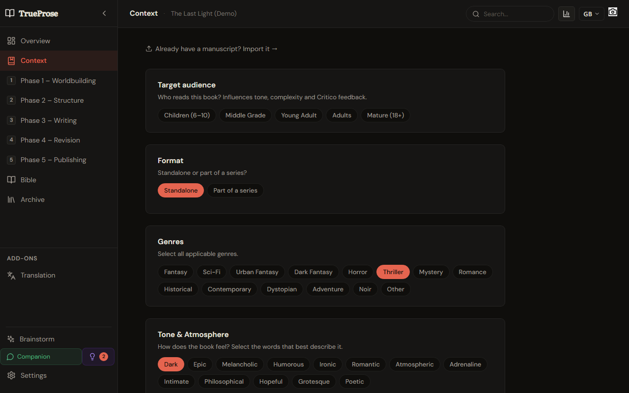 Setting the project foundation in TrueProse